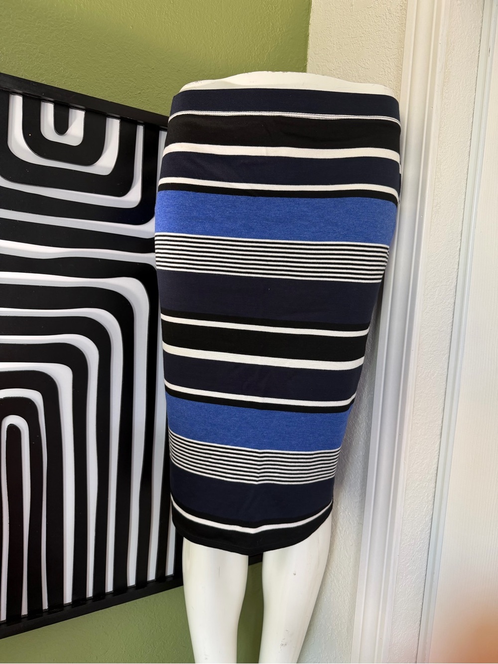 Max Studio Navy, Black & White Striped Pencil Skirt with Blue Accents